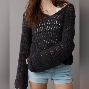 American Eagle Oversized Black Crochet Knit Sweater L Cotton Blend New